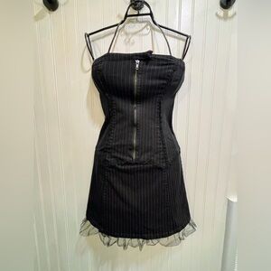 Vexy Black Strapless Dress with Pinstripes and Detailed Back